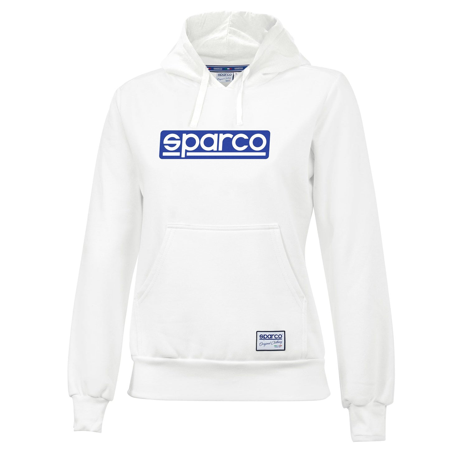 01319 Neu 2023 Sparco Damen Kapuzenpullover Weiß mit blauem Logo Damen Mädchen