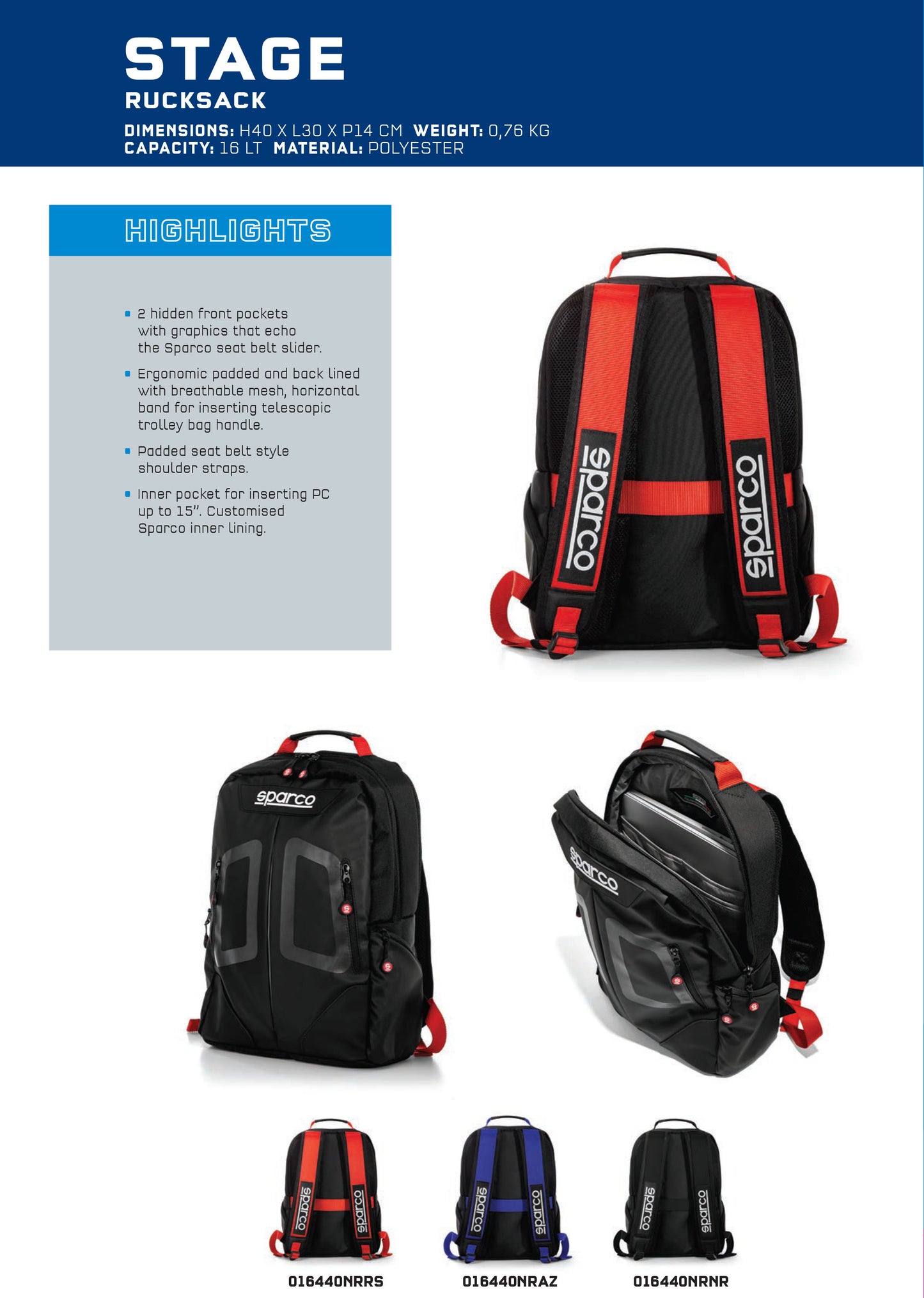 Sparco STAGE Racing Rucksack 16L für Motorsport-Renn-Rallye-Ausrüstung