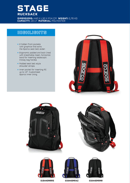 Sparco STAGE Racing Rucksack 16L für Motorsport-Renn-Rallye-Ausrüstung