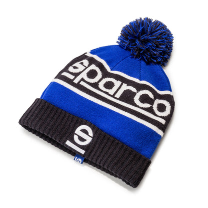 Sparco Beanie Windy, weiche Winter-Bommelmütze, Blau/Schwarz, Einheitsgröße für Erwachsene