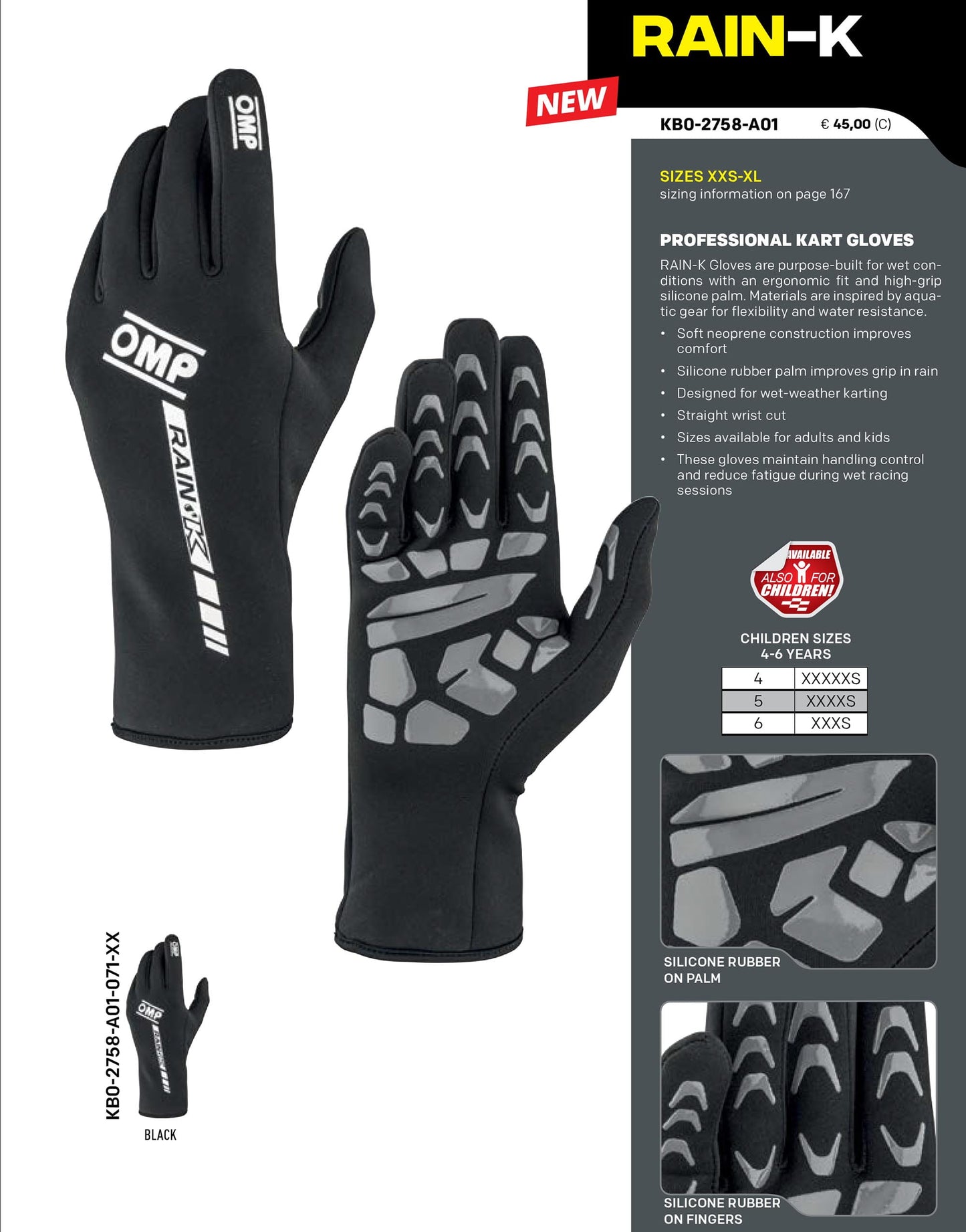 KB0-2758 2026 OMP RAIN-K Karting Gloves Soft Neoprene Waterproof for Wet Race