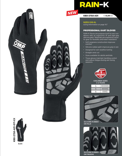 KB0-2758 2026 OMP RAIN-K Karting Gloves Soft Neoprene Waterproof for Wet Race