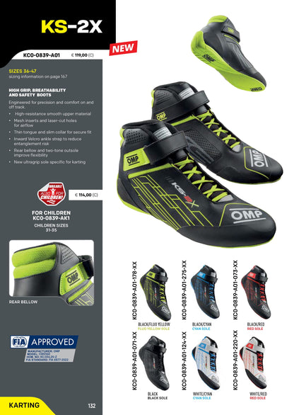 KC0-0839 2026 OMP KS-2X Kids Karting Boots Boys Kart Shoes Child Youth FIA 8877
