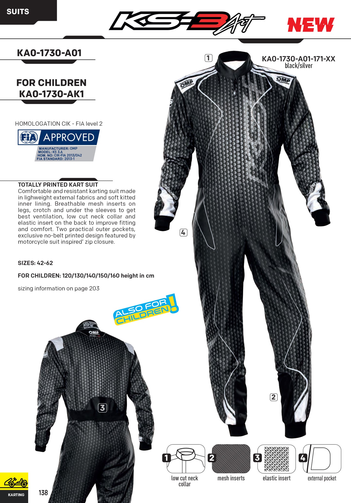 Neu! 2023 OMP KS-3 ART Kinder-Kart-Anzug Junior-Overalls CIK-FIA 120–160 cm